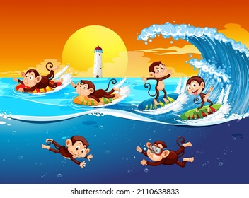 Beach scene with monkeys surfing illustration