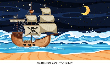 Beach scene at night with Pirate ship in cartoon style illustration