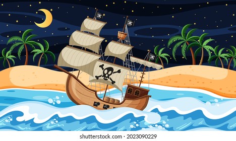 Beach scene at night with Pirate ship in cartoon style illustration