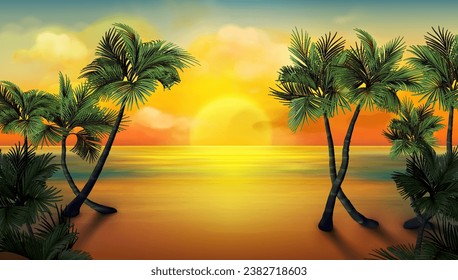 Beach scene. Ocean sky background. Seashore landscape for summer travel banner design. Nature art palm tree and clouds. Scenic sunset. Evening orange sunlight. Tropical panorama. Vector exact poster