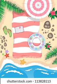 beach scene. owner apparently went to swim, and left things. vector illustration