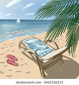 A beach scene with a palm tree and a sailboat in the background. A lounge chair is on the sand with a towel on it. A pair of red flip flops are on the sand next to the chair. Vector