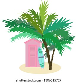 Beach scene with palm trees, beach hut and surf board on sand vector graphics
