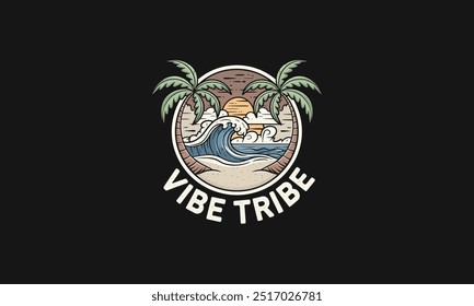 Beach scene with palm trees, ocean waves, and a sunset.