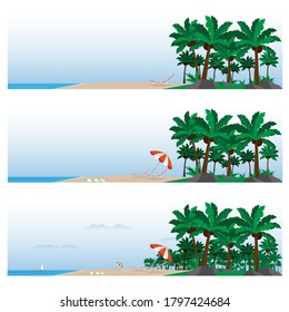 Strandlandschaft mit Palmen, Liegestühlen, Regenschirm, blaue Küste. Strandbauer. Elemente für die Strandszene. Vektorgrafik.