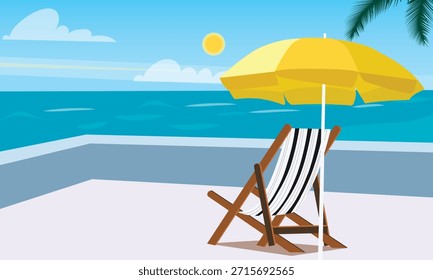 Escena de playa con palmeras, sol y sombrilla