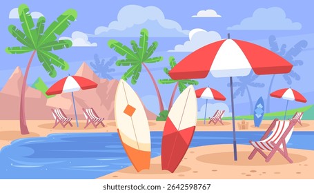 Uma cena de praia com palmeiras e guarda-chuvas. Há várias cadeiras e uma prancha de surfe. Ilustração vetorial em estilo plano