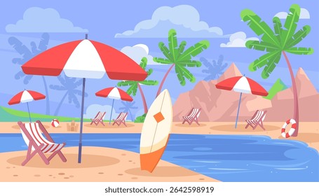Uma cena de praia com palmeiras e guarda-chuvas. Há várias cadeiras e uma prancha de surfe. Ilustração vetorial em estilo plano