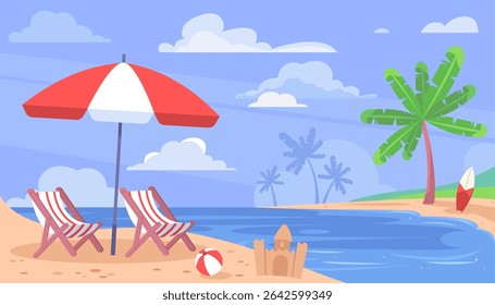 Uma cena de praia com palmeiras e guarda-chuvas. Há várias cadeiras e uma prancha de surfe. Ilustração vetorial em estilo plano