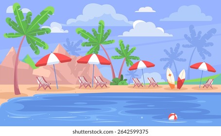 Uma cena de praia com palmeiras e guarda-chuvas. Há várias cadeiras e uma prancha de surfe. Ilustração vetorial em estilo plano