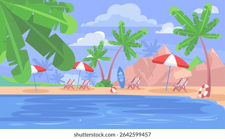 A beach scene with palm trees and umbrellas. There are several chairs and a surfboard. Vector illustration in a flat style
