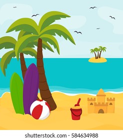 Beach scene with palms and island, vector summer illustration