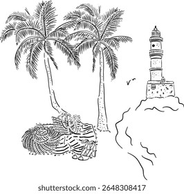 Beach Scene with Palms and Lighthouse Sketch for Poster Use