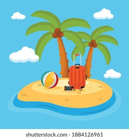 beach scene with palms and set travel icons vector illustration design