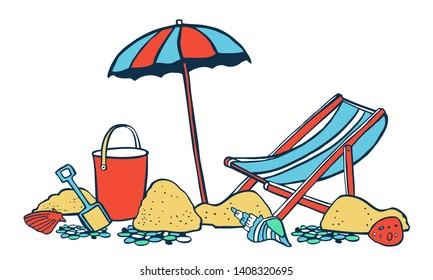Beach scene. Parasol with lounger on the sand. Vector color cartoon hand drawn illustration on white background