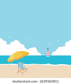 Beach scene with parasols and chairs on the sandy beach. A lighthouse stands against the blue sea, and seagulls fly in the cloudy sky. Perfect for summer vacations, coastal recreation, and travel.