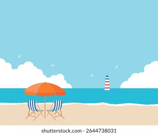 Beach scene with parasols and chairs on the sandy beach. A lighthouse stands against the blue sea, and seagulls fly in the cloudy sky. Perfect for summer vacations, coastal recreation, and travel.