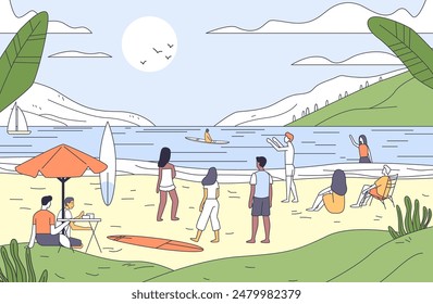 Beach scene with people enjoying activities like surfing relaxing and walking by the sea under a bright sun surrounded by hills and greenery