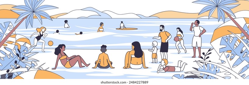 Beach scene with people enjoying summer activities ocean waves and tropical plants minimalistic line art style