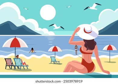 Escena de playa con gente relajándose bajo sombrillas. Ilustración vectorial