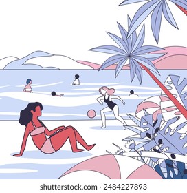 Beach scene with people swimming and relaxing minimalistic style summer vacation concept colorful characters enjoying seaside activities palm trees umbrellas