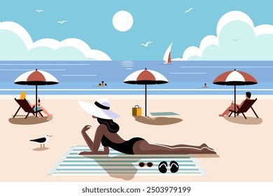 Escena de playa con gente bajo paraguas. Ilustración vectorial