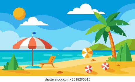 A beach scene with a red and white umbrella and a boat in the water. Scene is relaxed and peaceful