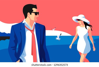 Beach scene. Resort holidays. Two lovers, man and woman, walking on the beach. Vector illustration