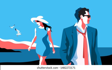 Escena de playa. Vacaciones vacacionales de vacaciones vacacionales. Joven pareja, hombre y mujer caminando por la playa. Ilustración del vector