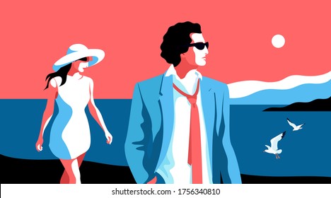 Beach scene. Resort summer holidays. Young couple, man and woman walking on the beach. Vector illustration