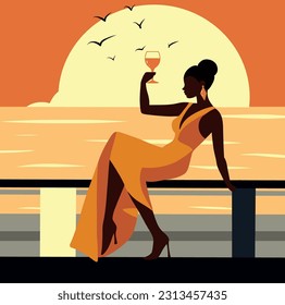 la playa. Vacaciones de verano. un yate y una joven mujer con un hermoso vestido nocturno sosteniendo un vaso en las manos en el fondo de una playa de mar y atardecer, de noche. Ilustración de vectores