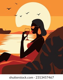 la playa. Vacaciones de verano. una joven vestida con un bonito vestido de noche se sienta a orillas del mar sosteniendo un vaso en las manos en medio de una playa de mar y atardecer. Vector i