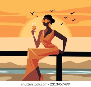 la playa. Vacaciones de verano. una joven con un hermoso vestido nocturno sostiene un vaso en las manos en medio de un paisaje marino y atardecer, playa nocturna. Ilustración del vector