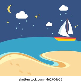 Beach scene with the sailing boat at a rainy night in flat style