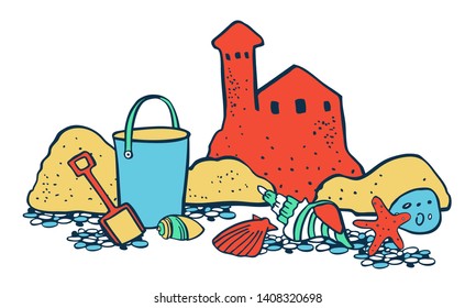 Beach scene. Sand castle with bucket and seashells.Vector color cartoon hand drawn illustration on white background