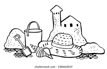 Beach scene. Sand castle, hat and bucket on the sand. Vector outline cartoon hand drawn illustration black on white background