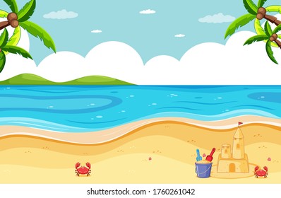 Beach scene with sand castle and little crab illustration