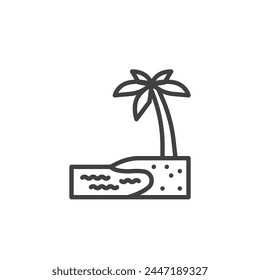 Beach scene with sand, water, and palm trees line icon. linear style sign for mobile concept and web design. Tropical beach outline vector icon. Summer vacation symbol, logo illustration.