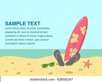 Beach scene with sea shore and ocean landscape and surfing board with beach accessories.