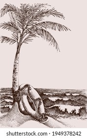 Beach Scene And Sea View Hand Drawing, Palm Tree And Life Buoy On The Beach