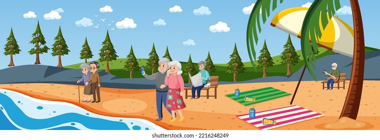 Beach scene with senior people on vacation illustration