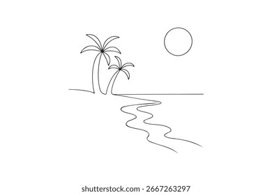 Cena da praia com árvores de ondas da costa e logotipo do sol no fundo branco.