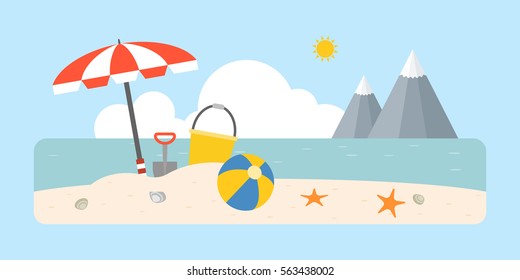 Beach scene with shovel and bucket, beach ball, umbrella on coastal landscape background, flat design for travel vacation business concept