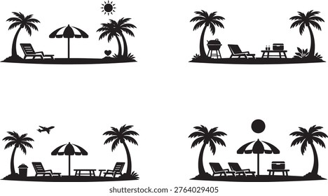 Beach Scene Silhouette Set With Palm Trees Chairs Umbrella And Grill Summer Vacation