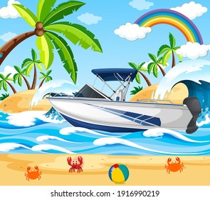 Beach scene with a speed boat illustration