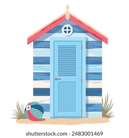 A beach scene with a striped booth on the sand and a ball. A blue beach house for changing clothes and storing things. Illustrated vector clipart.