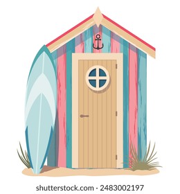 Escena de playa con una caseta a rayas sobre la arena y una tabla de surf. Una casa de playa para cambiarse de ropa y guardar el equipo de surf. Clipart de Vector ilustrado.