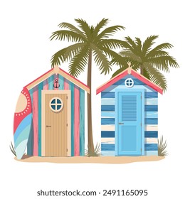 A beach scene with striped booths on the sand under palm trees. Wooden beach houses with a surfboard and a ball under palm trees. Illustrated vector clipart.  