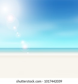 Beach Scene - Summer Horizon Background With Lens Flares - Sunny Vacation Concept With Blue Sky, Water And Sand