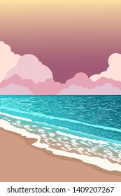 Beach scene. Summer party background. Azure sea yellow sand. Sunset sky. Pink and purple clouds on horizon line. Paradise island. Natural outdoor scene. Empty ocean shore. Travel vector illustration.